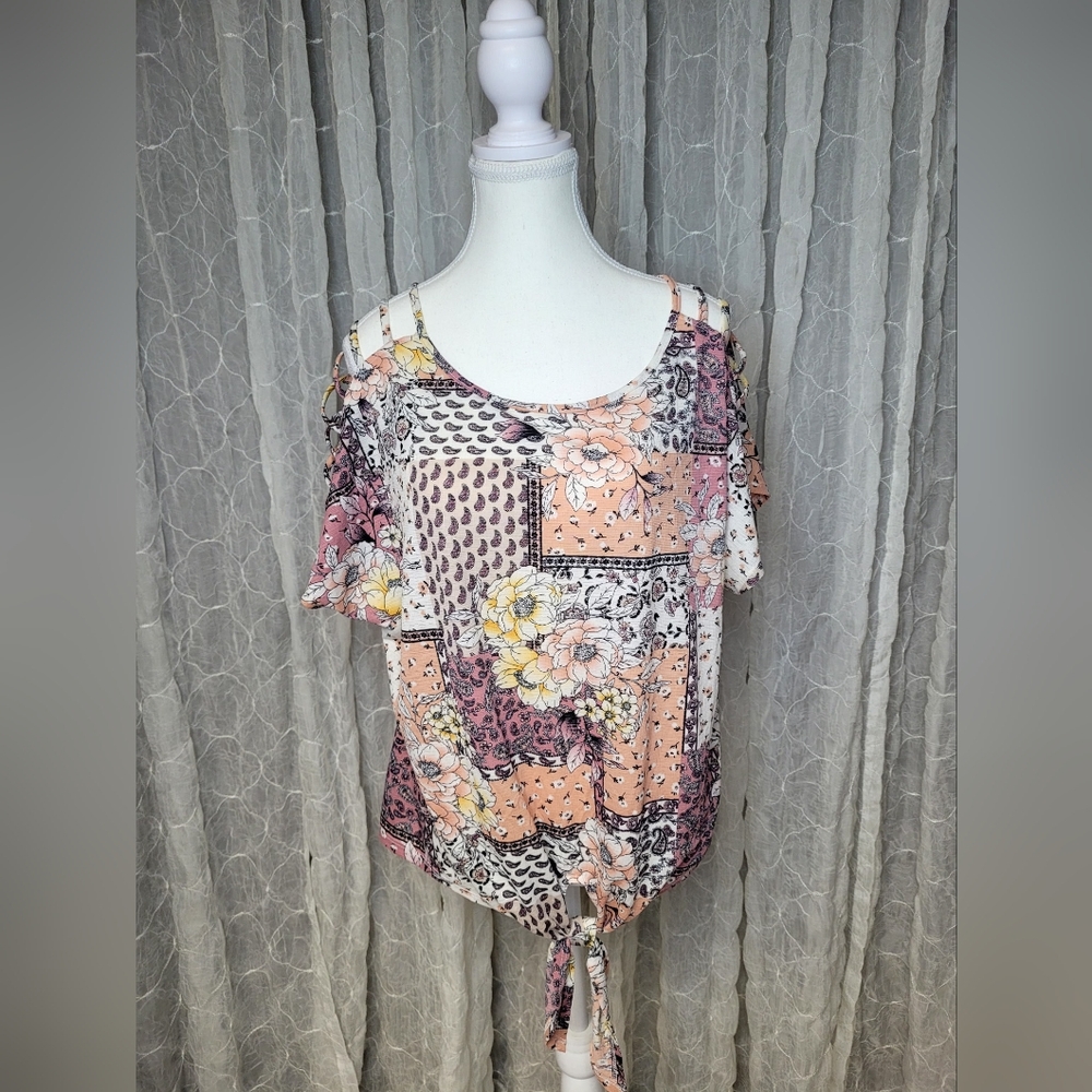 Parallel Skies Floral Blocking Patchwork Paisley Cold Shoulder Top Ladder Sleeve